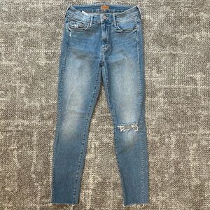 MOTHER Women's Skinny Jeans in Light Blue with Distressed Knee
